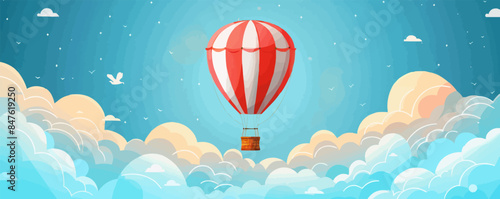 Colorful hot air balloon floating in the sky. Vector flat minimalistic isolated