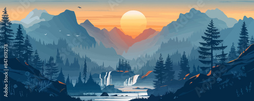 Serene mountain landscape with a winding river and waterfall Vector flat minimalistic isolated
