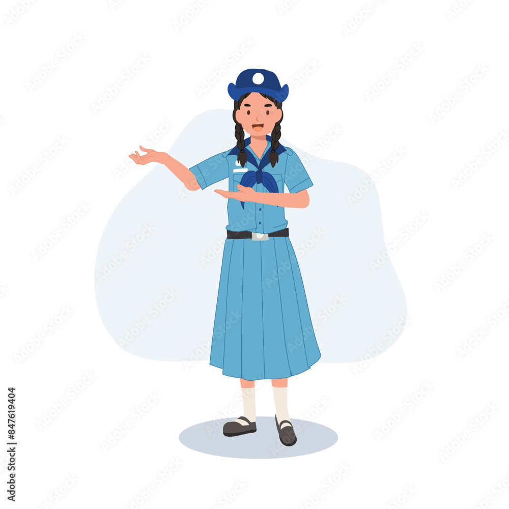 young thai girl scout uniform giving advice presenting gesture. young thai girl scout uniform giving advice presenting gesture.