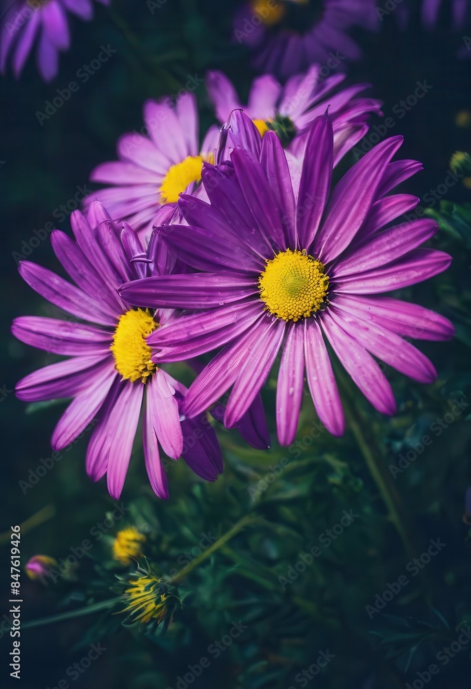 Purple and yellow flowers in a field. Purple and yellow flowers in a field.