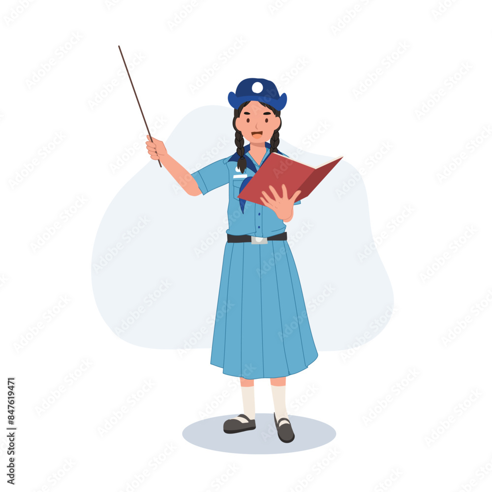 Education and Learning Concept. Young Thai Girl Scout Teaching with Pointing Stick. Education and Learning Concept. Young Thai Girl Scout Teaching with Pointing Stick.
