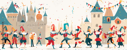 Jovial jester entertaining a royal court with acrobatic antics. Vector flat minimalistic isolated illustration.
