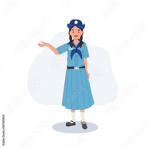 young thai girl scout uniform giving advice presenting gesture.