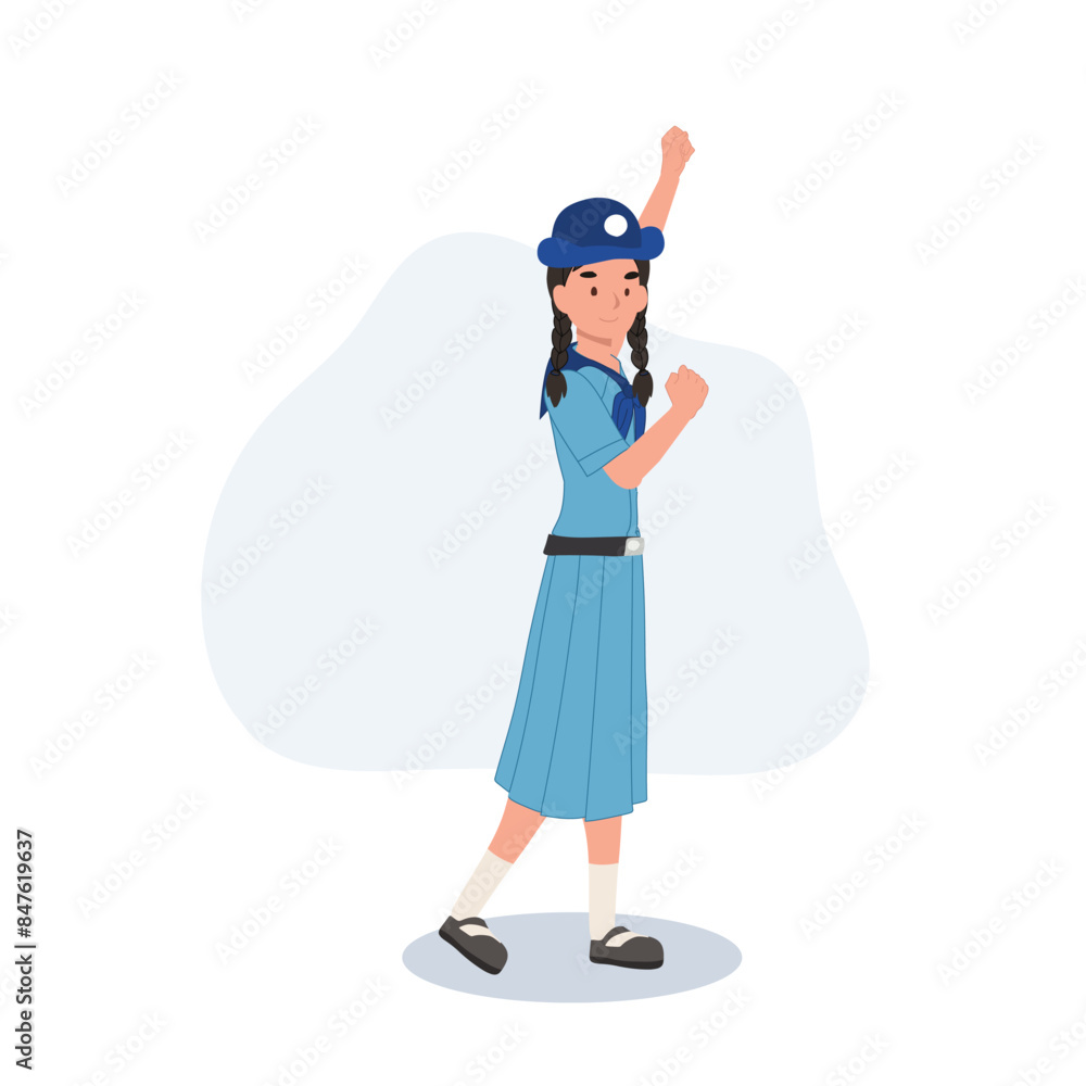 Young Thai Girl Scout in Uniform Raises Hand with Joy. Empowerment. Let's Go with Confidence Young Thai Girl Scout in Uniform Raises Hand with Joy. Empowerment. Let's Go with Confidence
