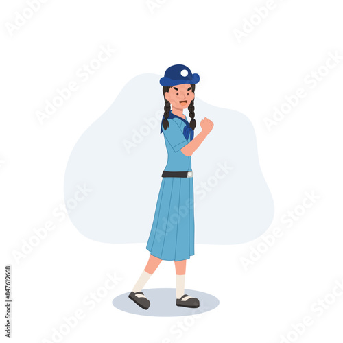 Happy Young Thai Girl Scout in Uniform Smiling Cheerfully, Joyful Expression