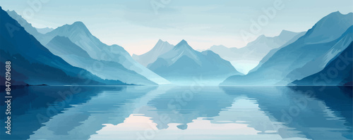 A serene mountain lake reflecting the surrounding peaks. Vector flat minimalistic isolated illustration.