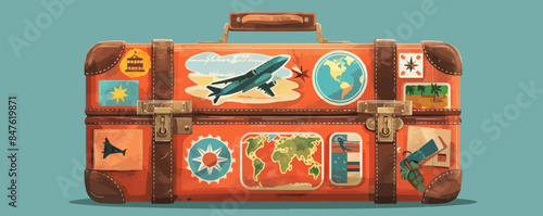 Vintage suitcase with travel stickers. Vector flat minimalistic isolated illustration.