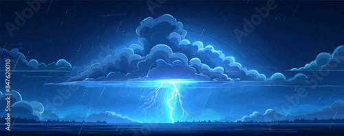 Thunderstorm clouds with dramatic lightning bolts. Vector flat minimalistic isolated illustration.