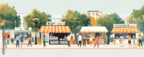 Vibrant street food market with stalls and vendors Vector flat minimalistic isolated