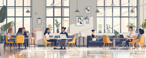 Modern coworking space with creative professionals Vector flat minimalistic isolated