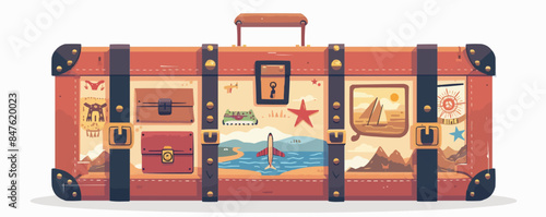 Vintage travel trunk with stickers Vector flat minimalistic isolated illustration