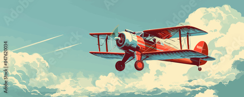 Vintage biplane flying in the sky Vector flat minimalistic isolated illustration