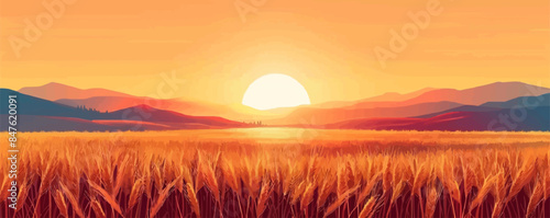 A radiant sunset casting long shadows over a field of golden wheat. Vector flat minimalistic isolated illustration.