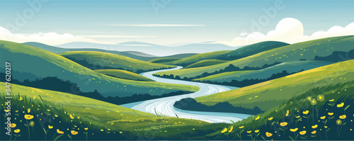 A serene countryside landscape with rolling hills and a winding river. Vector flat minimalistic isolated