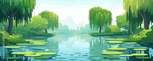 A tranquil riverside park with weeping willow trees and a pond filled with lily pads. Vector flat minimalistic isolated illustration.