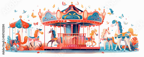 Whimsical carousel with brightly painted animals. Vector flat minimalistic isolated