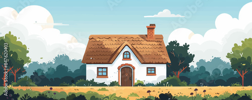 Quaint countryside cottage with a thatched roof and chimney Vector flat minimalistic isolated