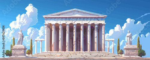 Ancient Greek temple ruins with columns and statues Vector flat minimalistic isolated