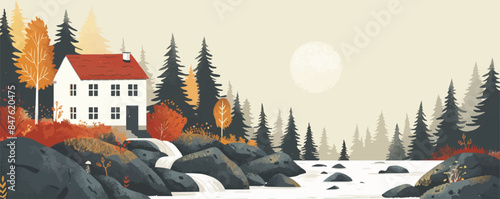 A quaint cottage nestled beside a bubbling brook in the forest. Vector flat minimalistic isolated illustration.