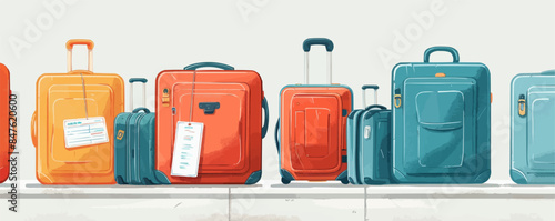 Travel suitcases and luggage tags with boarding passes on a clean white surface. Vector flat isolated illustration