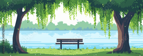 A peaceful riverside picnic spot shaded by weeping willow trees. Vector flat minimalistic isolated illustration.