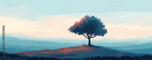 A solitary tree standing on a hilltop overlooking a vast landscape on a white background. Vector flat minimalistic isolated