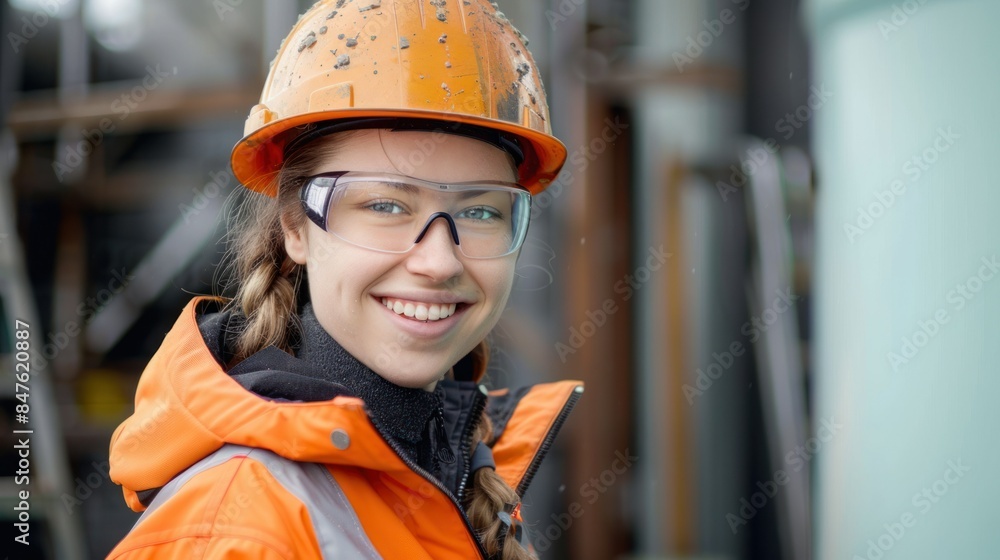 Smiling female engineer wearing a hard hat and safety glasses Smiling female engineer wearing a hard hat and safety glasses