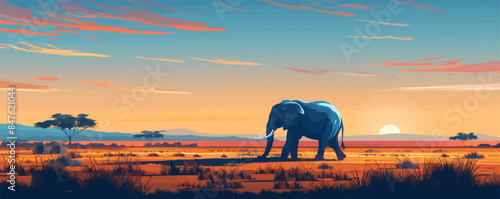 An elephant walking in the savanna. Vector flat minimalistic isolated