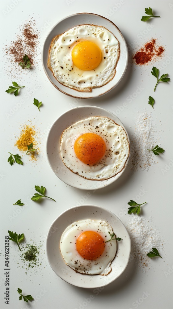 Elegant and bright display of egg-based dishes, minimalistic style, isolated on a white background. Elegant and bright display of egg-based dishes, minimalistic style, isolated on a white background.