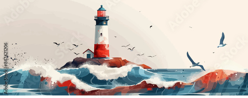 Coastal lighthouse with crashing waves and seagulls Vector flat minimalistic isolated