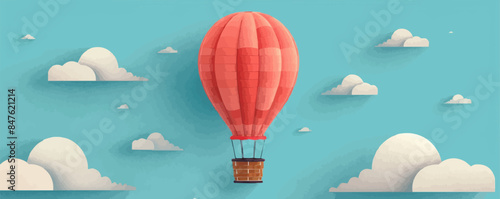 Nostalgic hot air balloon with woven basket and clouds Vector flat minimalistic isolated illustration