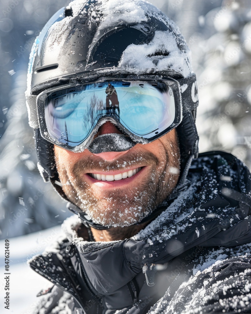 Young man skiing in winter landscape with helmet on frozen lake, copy space for banner Young man skiing in winter landscape with helmet on frozen lake, copy space for banner