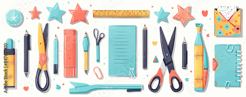 Scrapbooking supplies and decorative paper with scissors and glue on a plain white background. Vector flat isolated illustration.