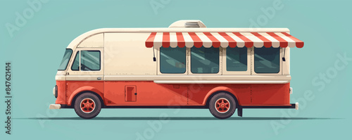 Vintage ice cream truck with a striped awning Vector flat minimalistic isolated