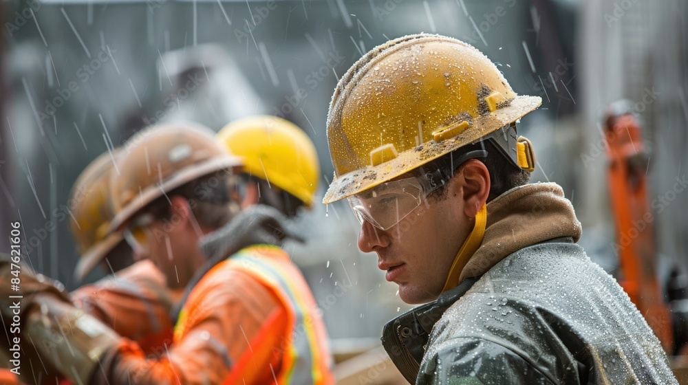 Fototapeta premium Construction workers wearing helmets and safety glasses work in the rain.