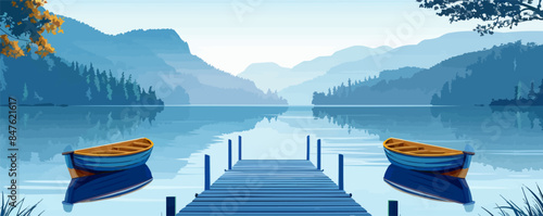 A serene lakeside pier with boats moored in the calm waters. Vector flat minimalistic isolated illustration.