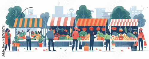 Busy farmer's market with stalls of fresh produce Vector flat minimalistic isolated