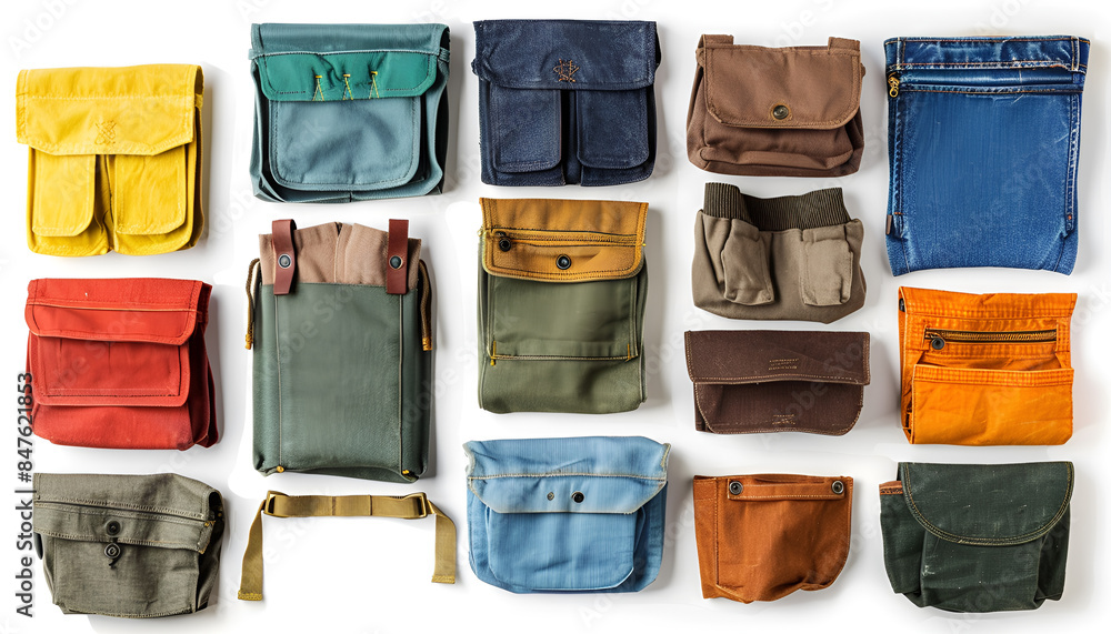 Many different pockets bags isolated on white, collection Many different pockets bags isolated on white, collection