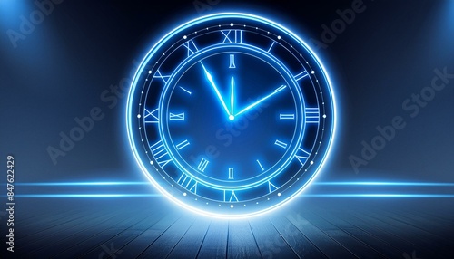 speedometer on red background, time is money concept, clock on the wall, A futuristic digital clock light effect. A glowing silhouette of a clock representing time. Background laser blue neon clock 