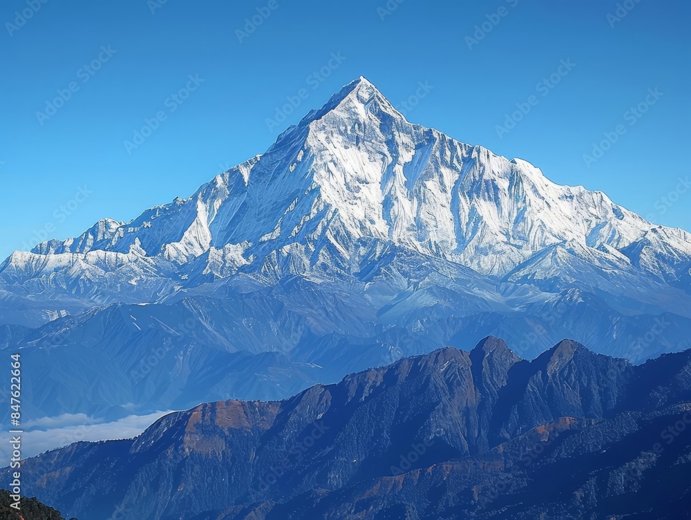 Scenic view of a snowcapped mountain with a clear blue sky, perfect for winter sports and outdoor adventure themes Scenic view of a snowcapped mountain with a clear blue sky, perfect for winter sports and outdoor adventure themes