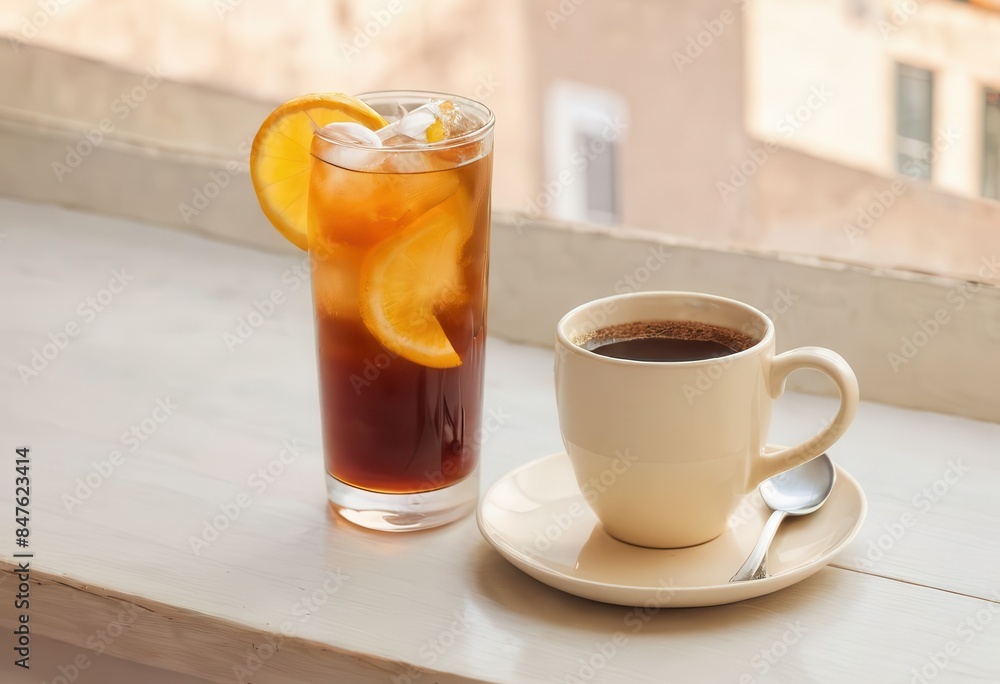 Two drinks on a table. One is a glass of iced tea with lemon slices, the other is a cup of coffee.