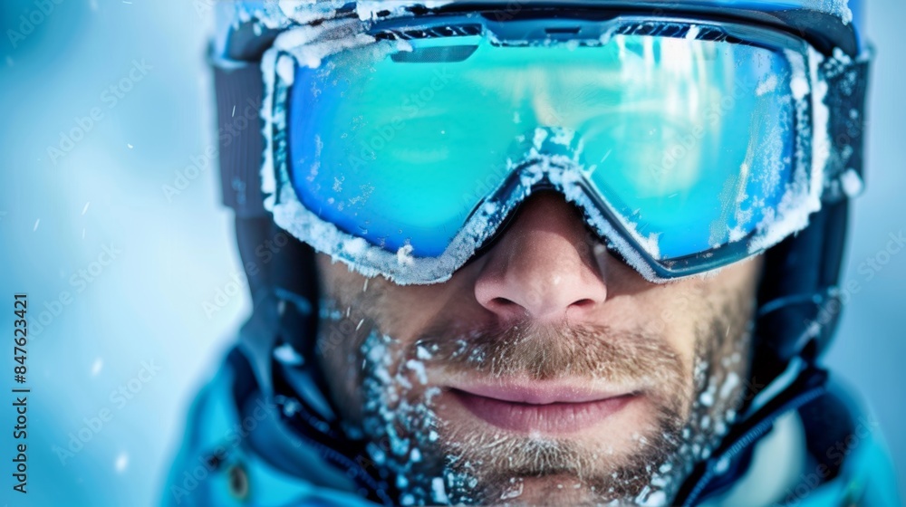 Fototapeta premium Young man skiing in winter landscape with helmet on frozen lake, copy space banner