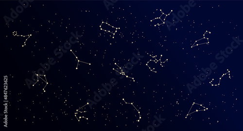 Constellation map, mystical cosmic sky with constellations and stars, nebula background, blue galaxy. Illustration, poster, vector