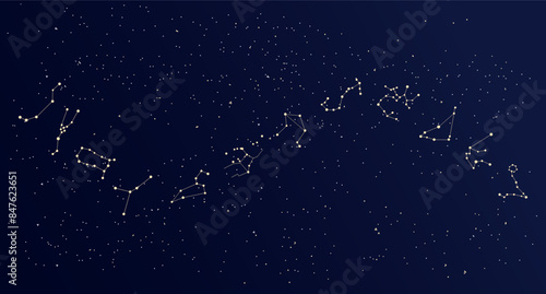 Constellation map, mystical cosmic sky with constellations and stars, nebula background, blue galaxy. Illustration, poster, vector