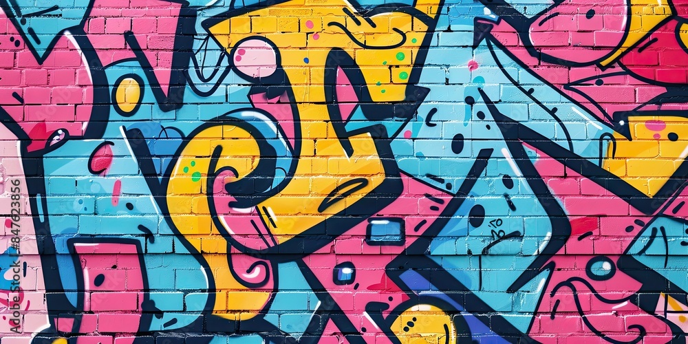 Obraz premium Artistic background, graffiti wall flat design, top view, urban theme, cartoon drawing, colored pastel