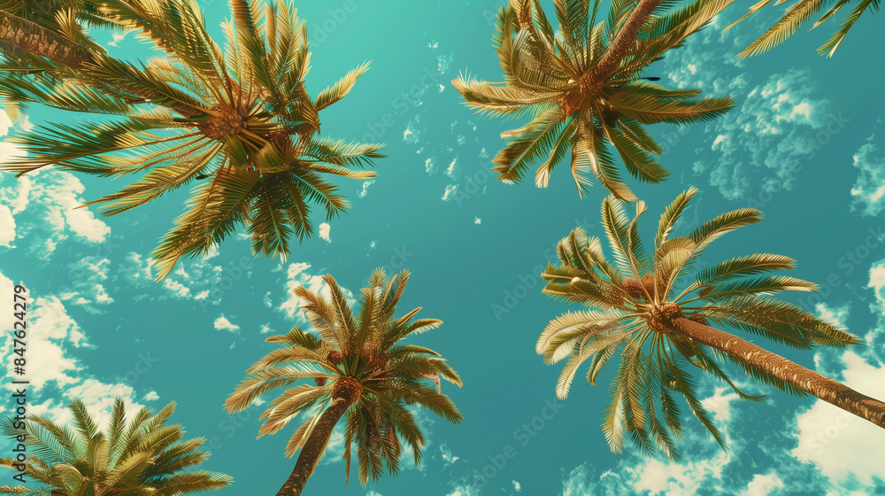 Three palm trees against a blue sky with clouds. View from the lower angle. Three palm trees against a blue sky with clouds. View from the lower angle.
