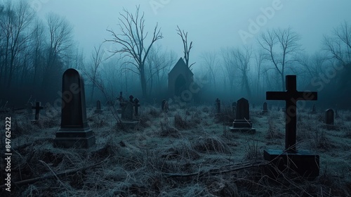 A desolate graveyard shrouded in fog, with a large cross in the foreground and a chapel in the distance, creating a haunting atmosphere.