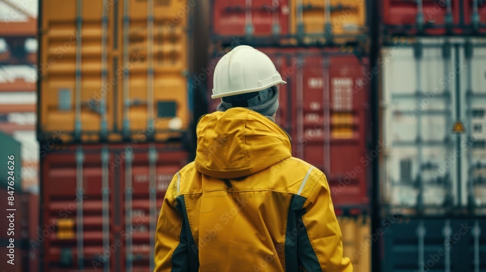 worker in a hard hat and yellow jacket in the rain in a cargo port, view from the back worker in a hard hat and yellow jacket in the rain in a cargo port, view from the back