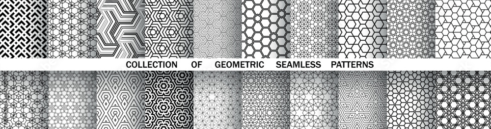 Geometric set of seamless black and white patterns. Simple vector graphics. Geometric set of seamless black and white patterns. Simple vector graphics.
