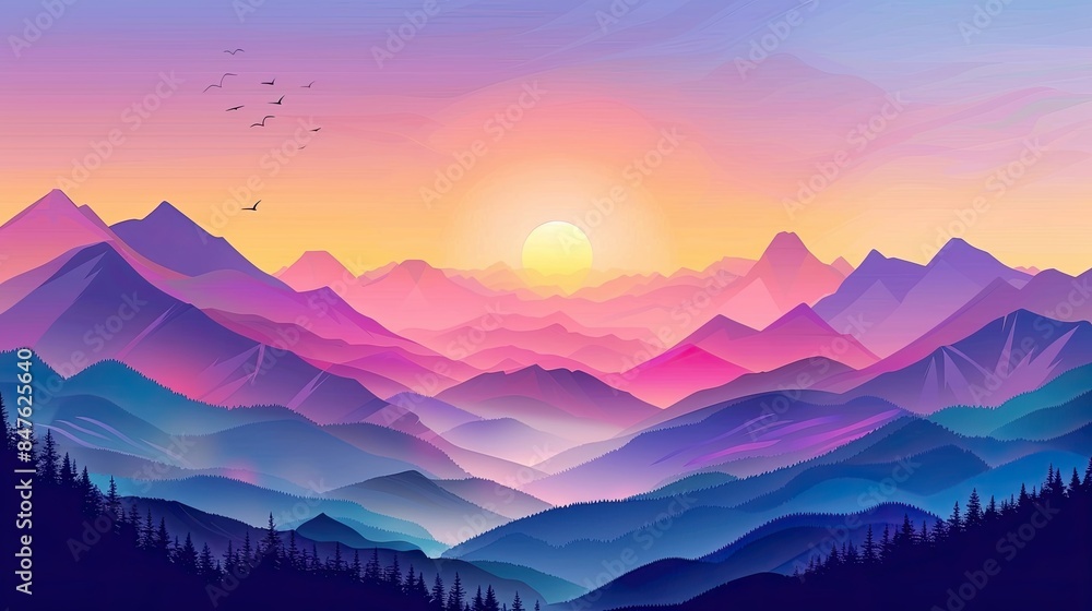 Natural landscape, mountains with sunset flat design, top view, fantasy theme, animation, vivid Natural landscape, mountains with sunset flat design, top view, fantasy theme, animation, vivid